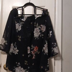 Long Sleeve Off Shoulder Floral Black Women's Top